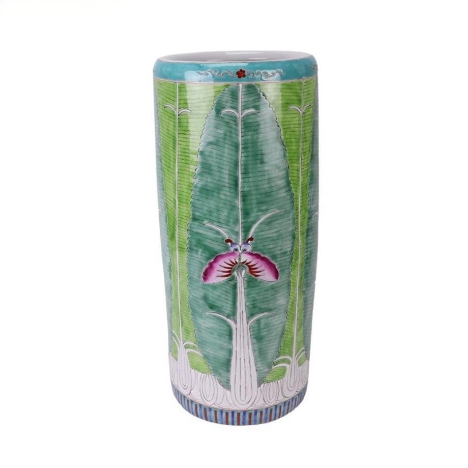 RYZG46-A-rxda_5559 Green Bok Choy Pink Butterfly Pattern Jingdezhen Porcelain Umbrella Stand - Image 1