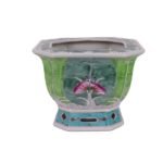 Famille Rose Green Cabbage and Butterfly Pattern Octagonal Flower Pot