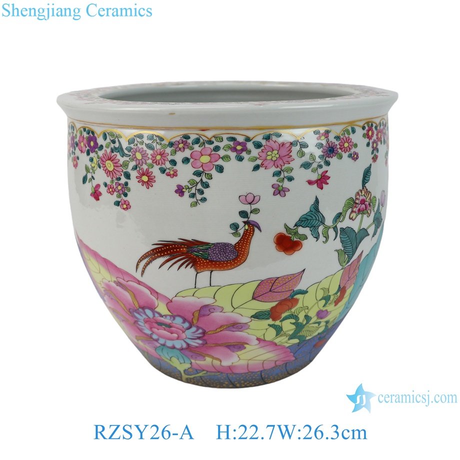 RZSY26-A_3354H22.7W26.3K27B16.2KG4.15 Famille Rose Tobacco Leaf, Phoenix, Flower and Bird Pattern Fish Tank (Water Vat) - Image 1