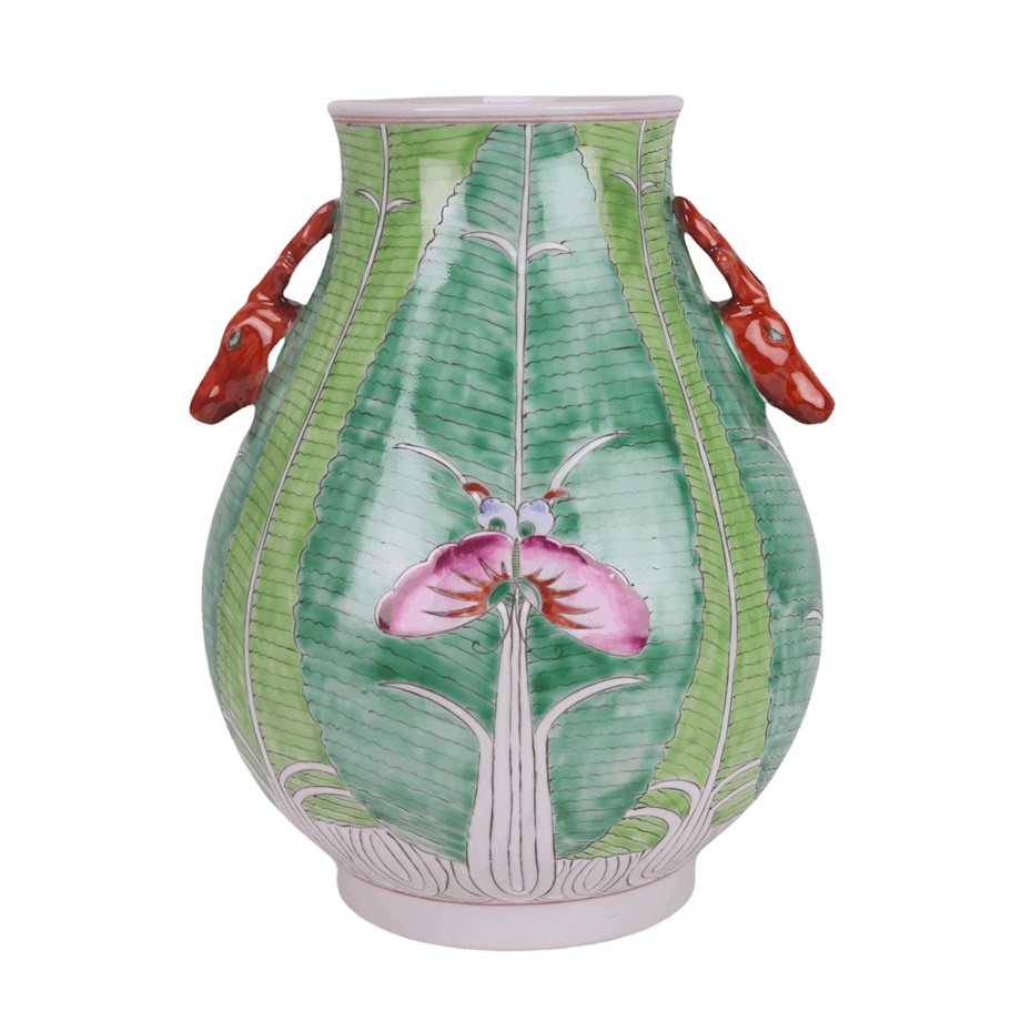 RYZG20-D_8134 Enamel Porcelain Cabbage Leaf Ceramic Vase With Red Deer Head - Image 1