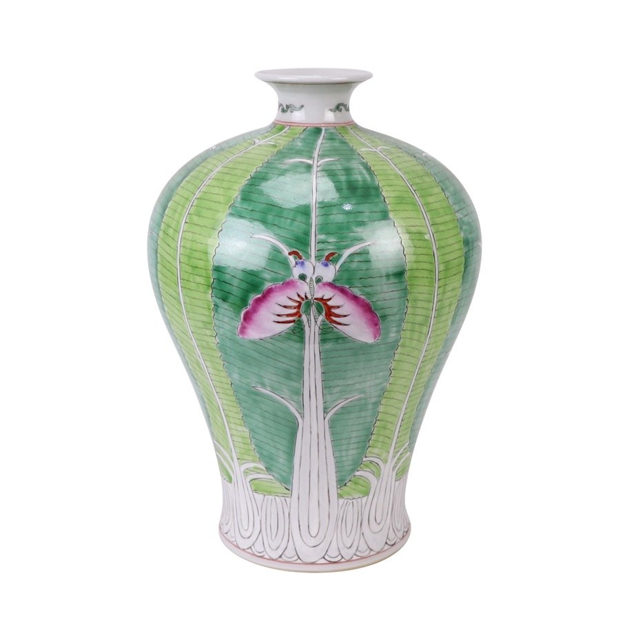 RYZG45-A_2940 Chinese Antiques Bok Choy Pattern Porcelain Flower Vase Decor - Image 1