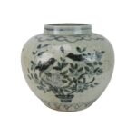 Blue and White Crackle Glaze Round Watermelon Jar with Floral Bird Motifs Decor