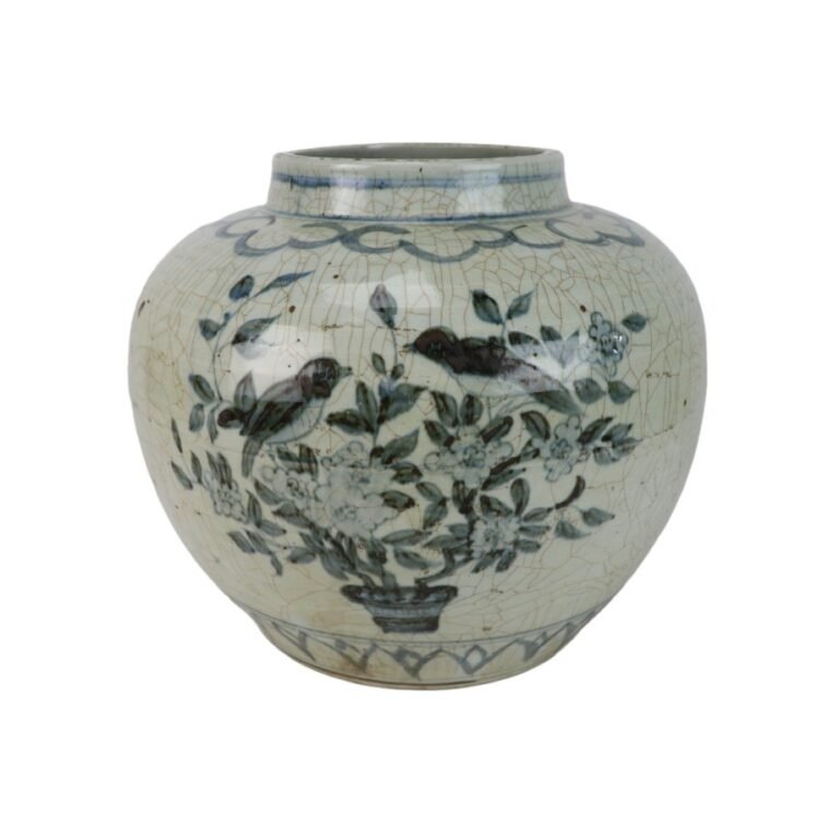 Blue and White Crackle Glaze Round Watermelon Jar with Floral Bird Motifs Decor