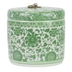 Green and White Ceramic Jar Tea Canister with Brass Ring - Image 3
