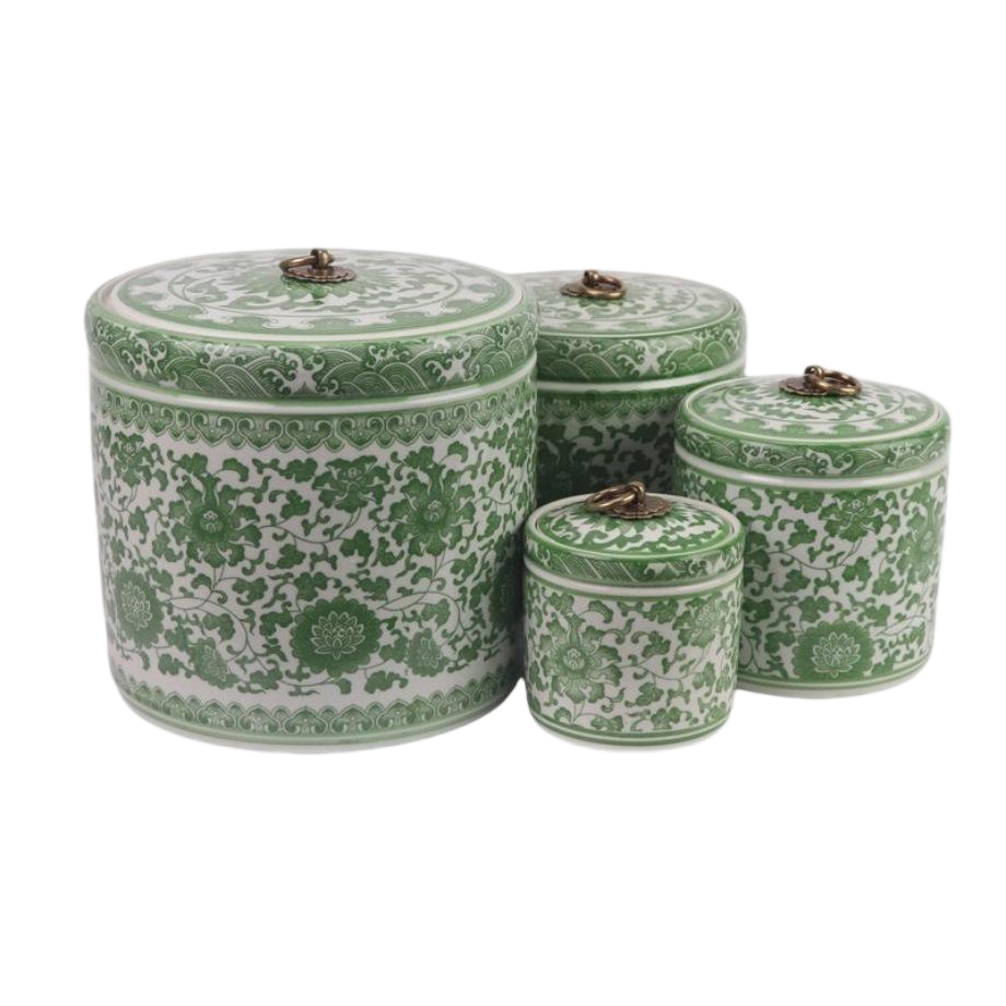 RZNV50-C-XL-L-M-S Green and White Ceramic Jar Tea Canister with Brass Ring - Image 1