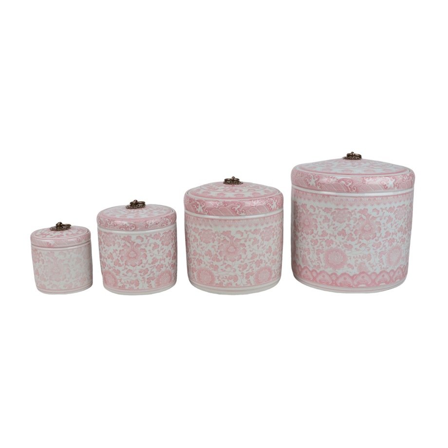 RZNV50-D-XL-L-M-S_0030 Pink and White Ceramic Jar Tea Canister with Brass ring Lid - Image 1