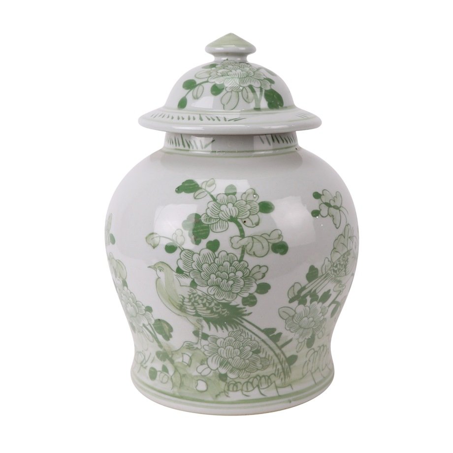 RZSi46-D_6438H32.3W22.8K10B18KG3.05 Chinoiserie Green Floral and Bird Ceramic Jar - Image 1