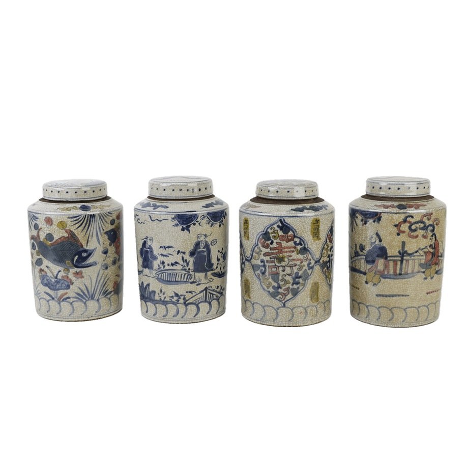 RZTL24-BCDE_5277 Jingdezhen Cylinder Shape Figure Story Longevity Word Fish Pattern Ceramic Jar Pot - Image 1
